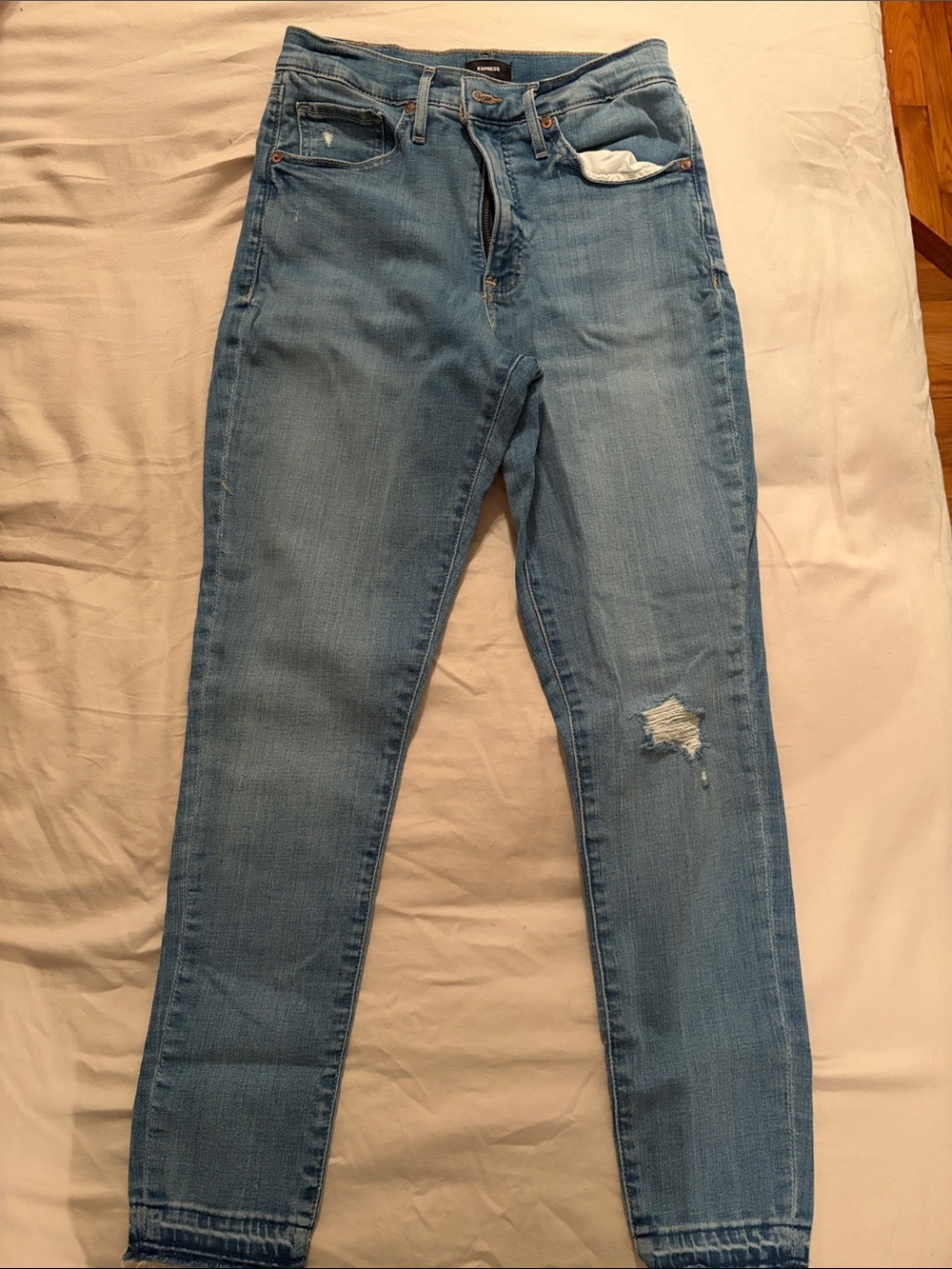 Express Light Blue Women's Skinny Jeans with Knee Distress